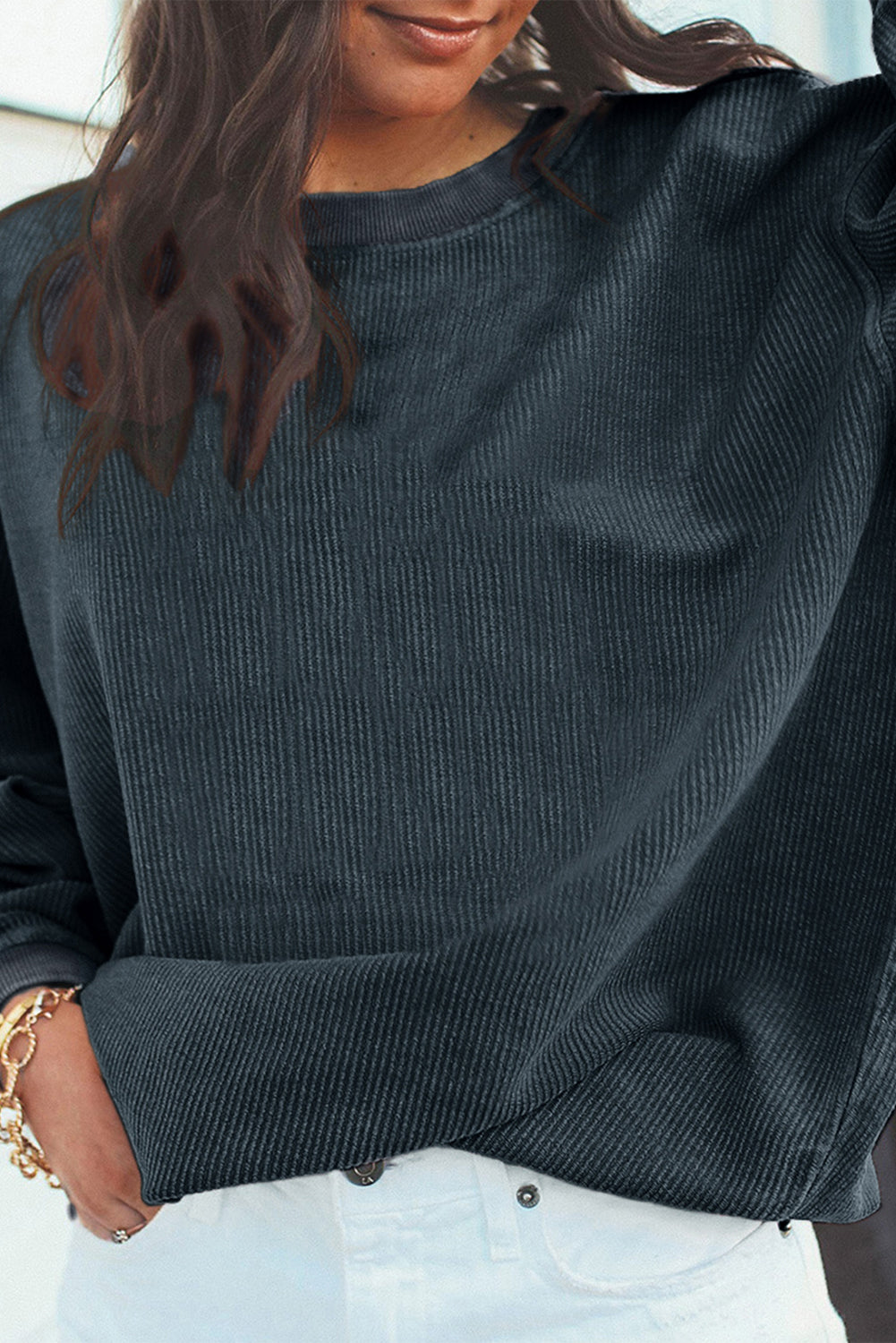 Drop Sleeve Crinkle Rib Oversized Sweatshirt