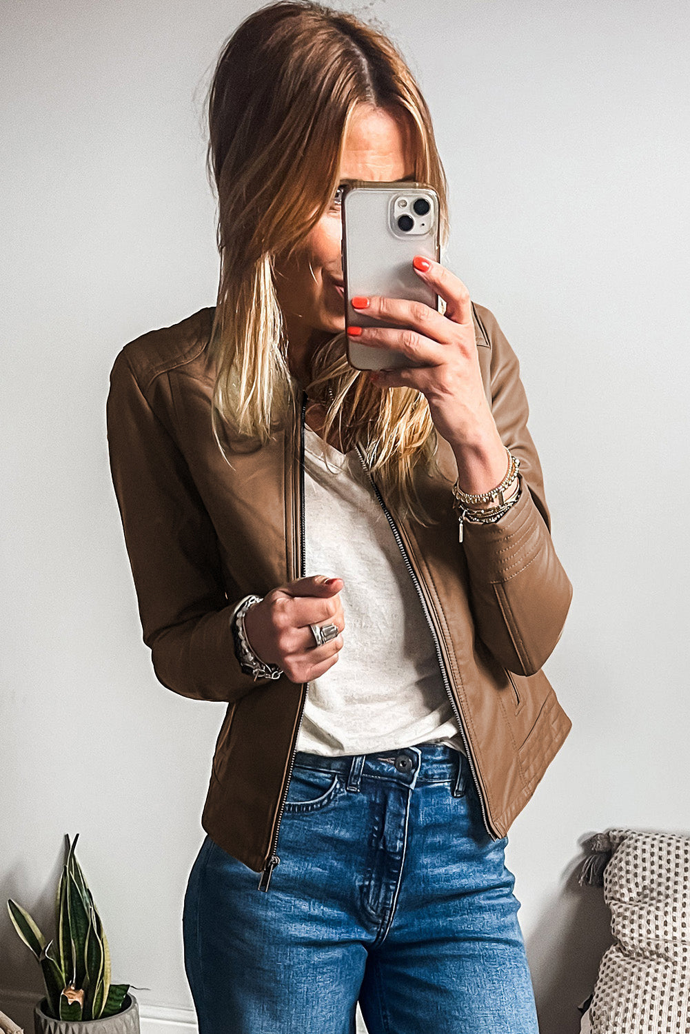Faux Leather Collarless Zip Jacket Chestnut