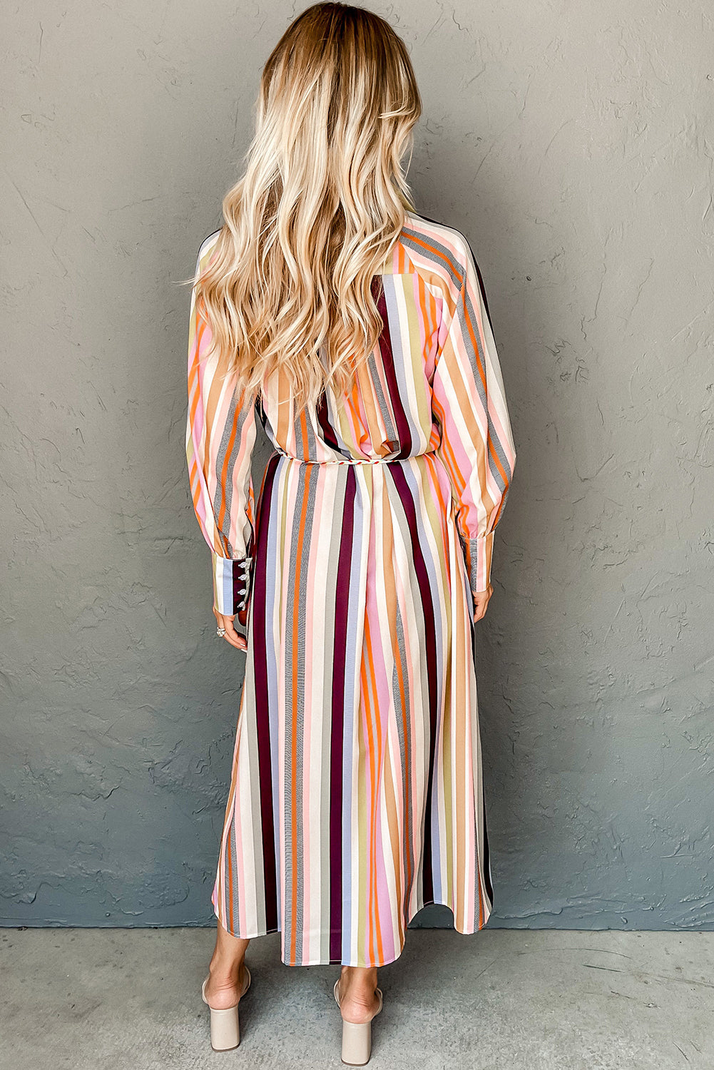 Striped Cuffed Sleeve Tassel Tied Maxi Shirt Dress