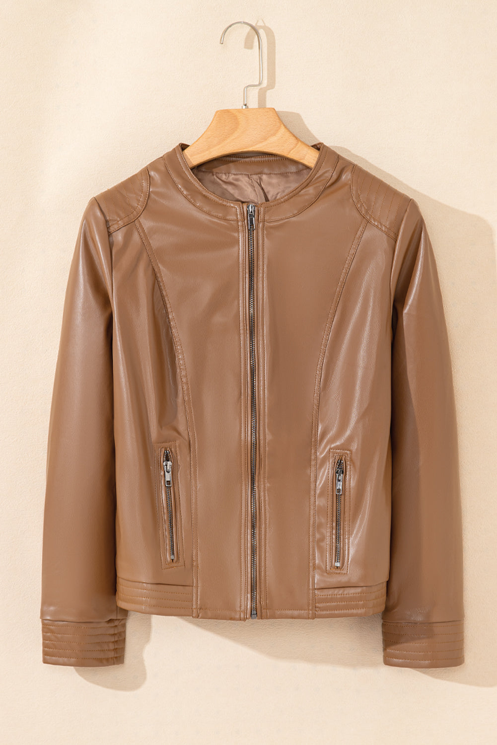 Faux Leather Collarless Zip Jacket Chestnut