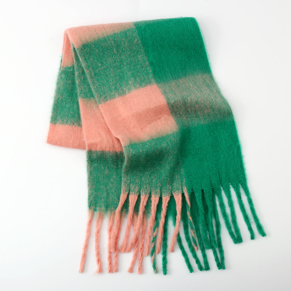 Fringe Contrast Plaid Scarf
