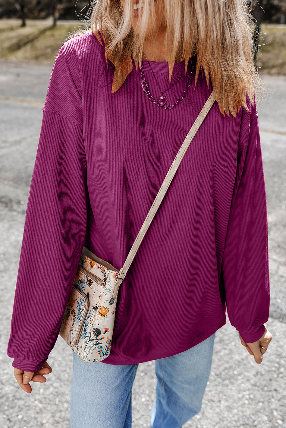 Drop Sleeve Crinkle Rib Oversized Sweatshirt