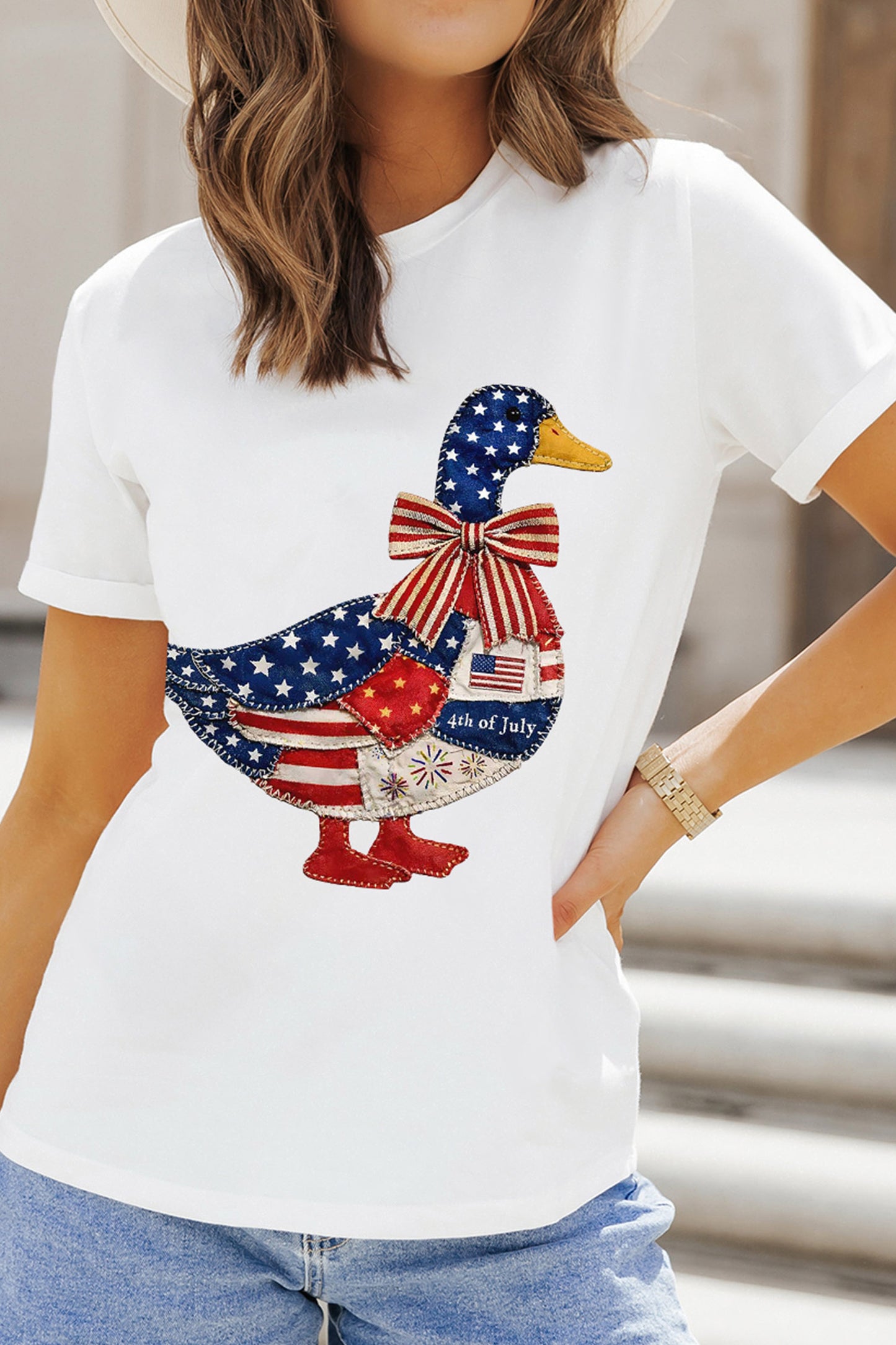 White Patriotic Patchwork Print Duck Graphic Tee