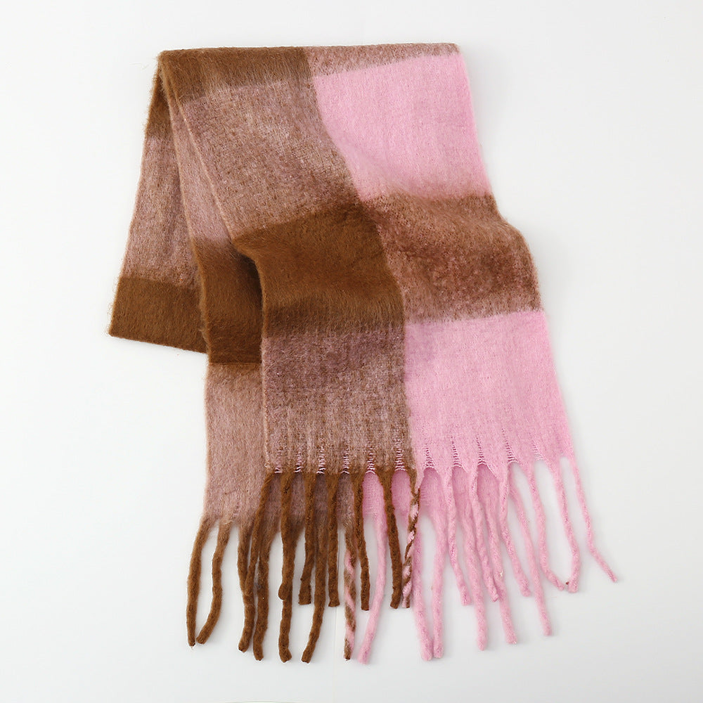 Fringe Contrast Plaid Scarf