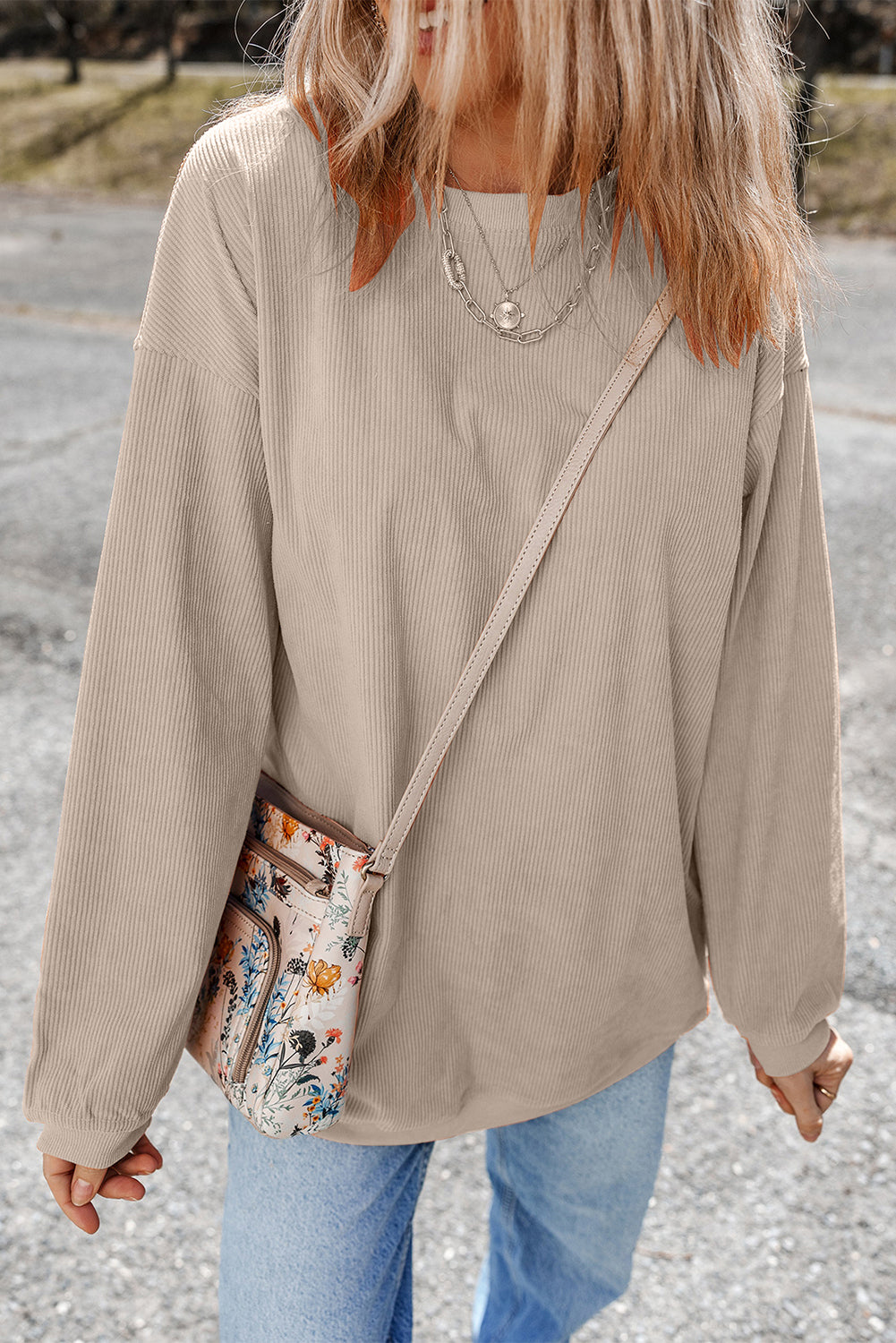 Drop Sleeve Crinkle Rib Oversized Sweatshirt