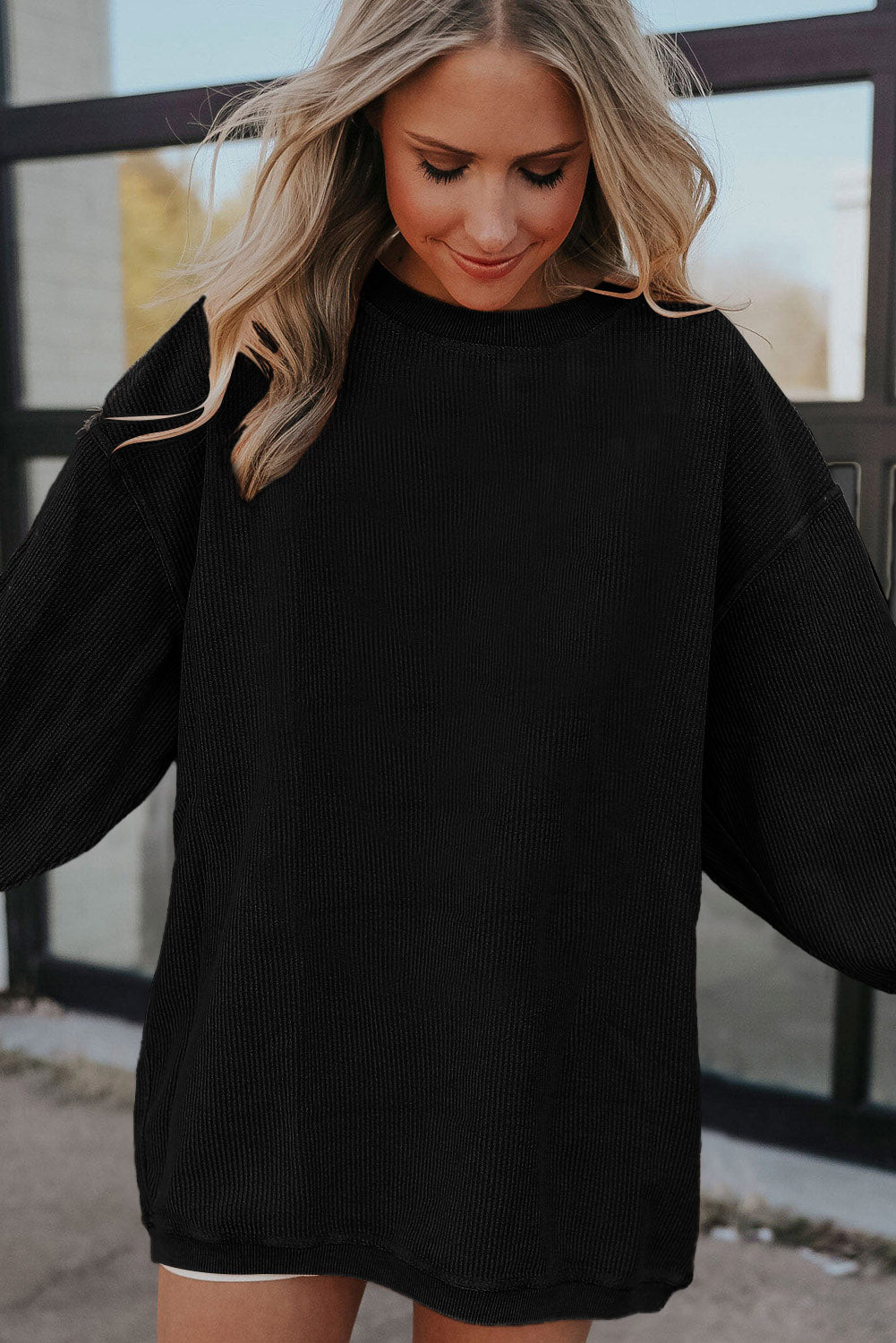 Drop Sleeve Crinkle Rib Oversized Sweatshirt
