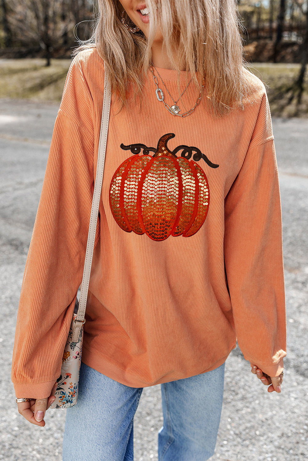 Crinkle Ribbed Halloween Sequin Pumpkin Graphic Sweatshirt
