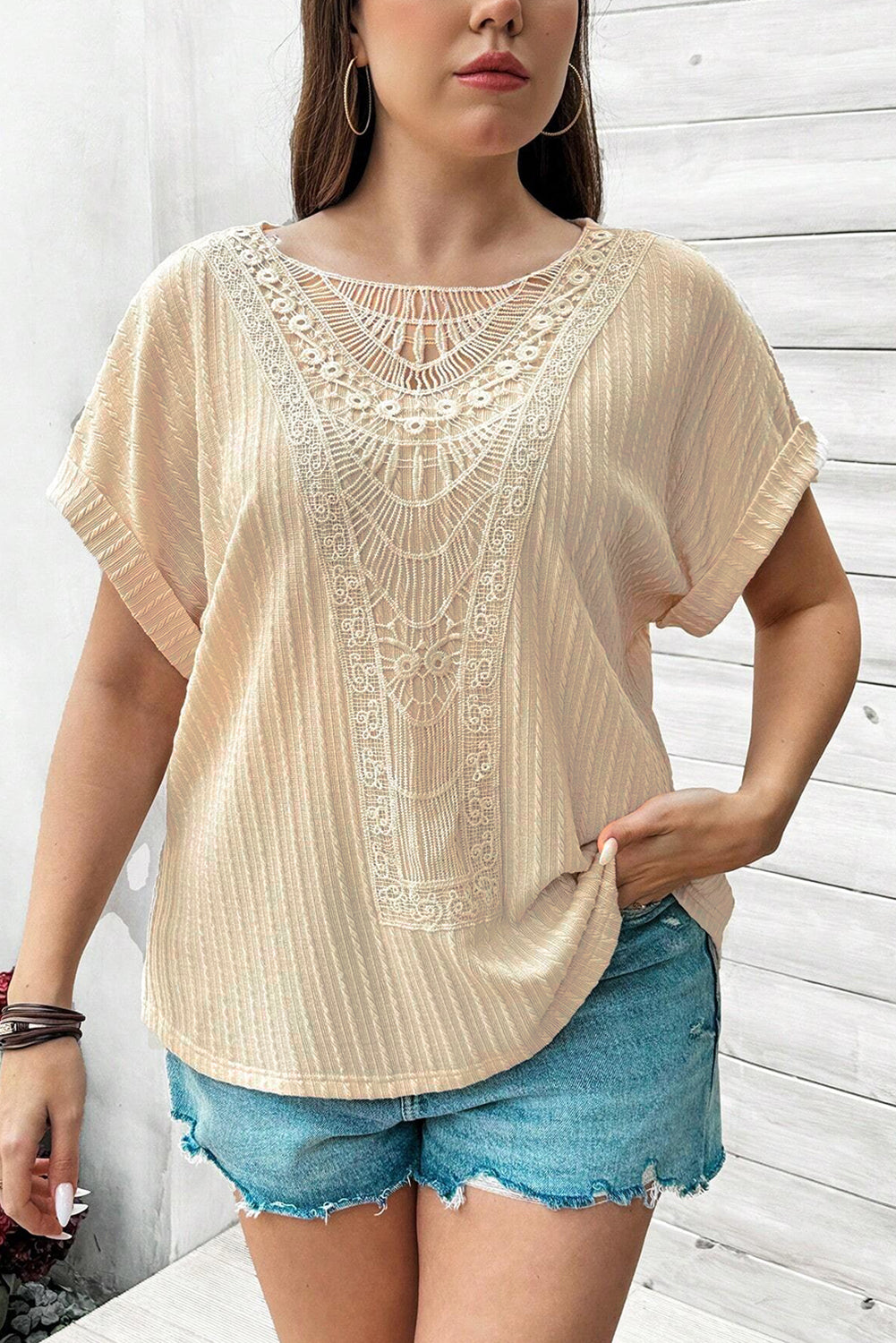 Lace Crochet Short Sleeve Top Plus Size