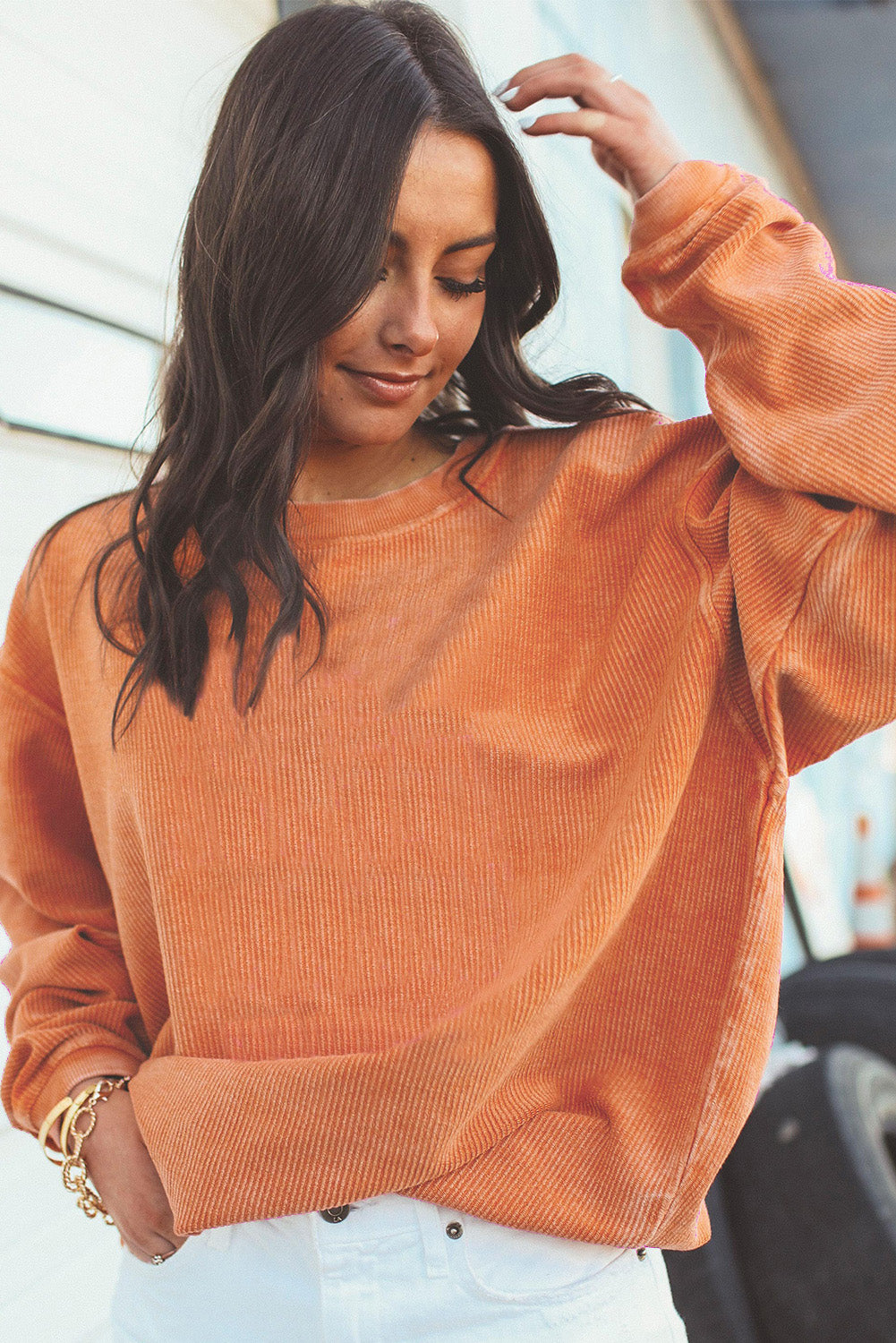 Drop Sleeve Crinkle Rib Oversized Sweatshirt