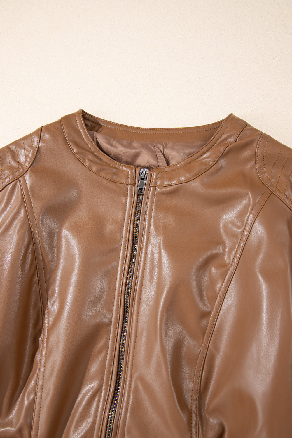 Faux Leather Collarless Zip Jacket Chestnut