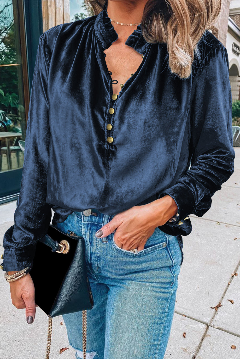 Frilly Neck Velvet Top
