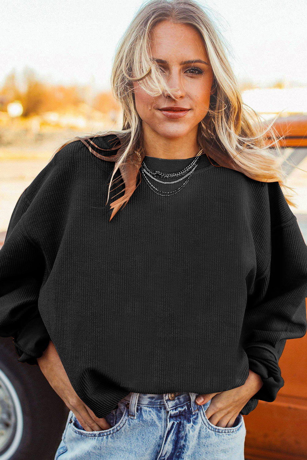 Drop Sleeve Crinkle Rib Oversized Sweatshirt