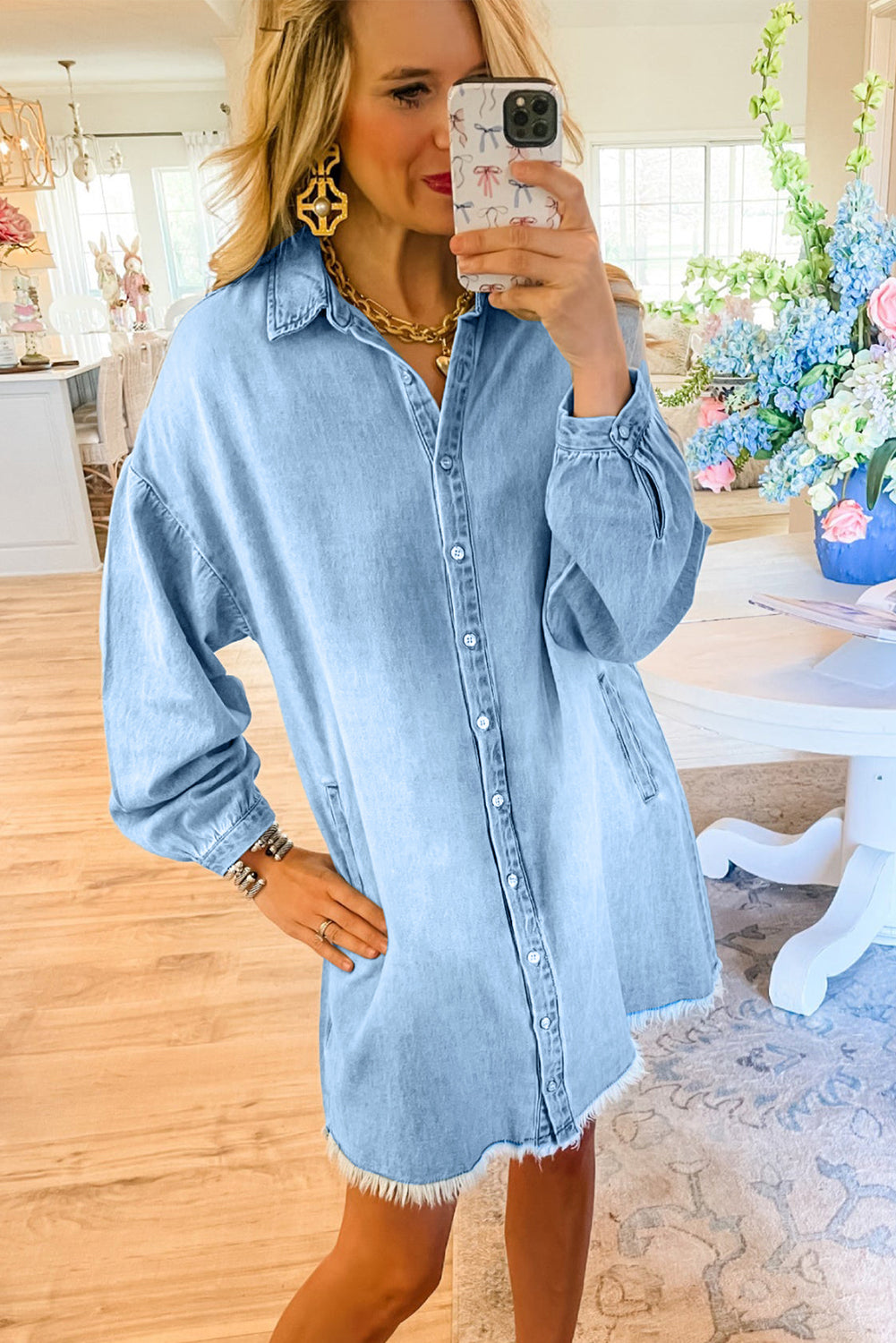 Washed Raw Hem Denim Shirt Dress
