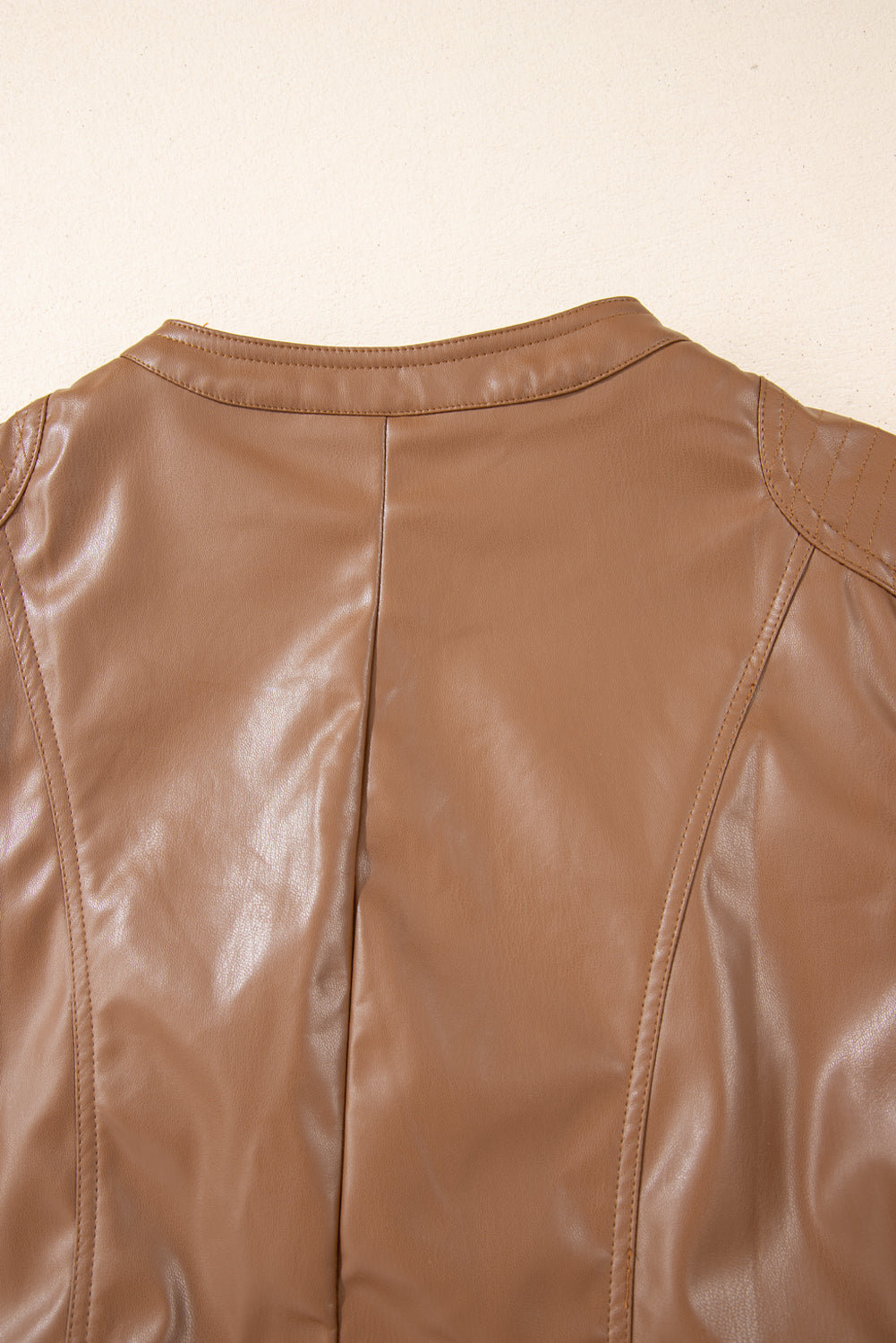 Faux Leather Collarless Zip Jacket Chestnut