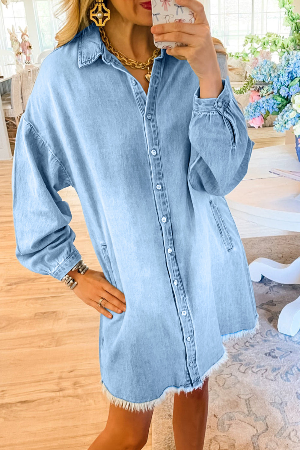 Washed Raw Hem Denim Shirt Dress