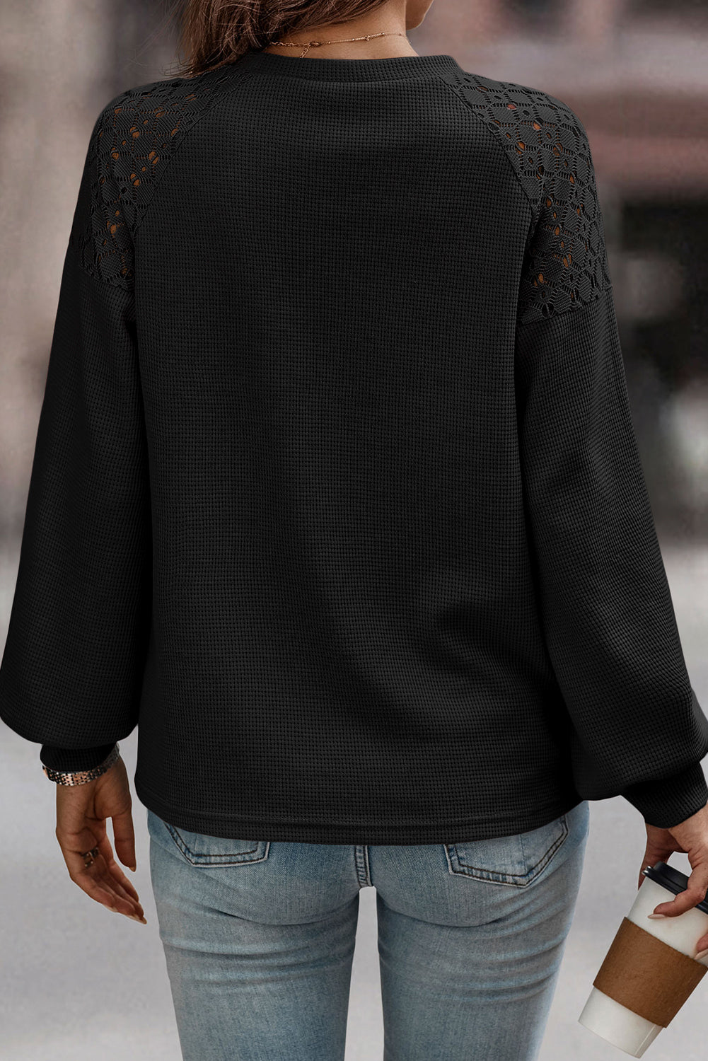 Black Lace Splicing Long Sleeve Textured Pullover Top