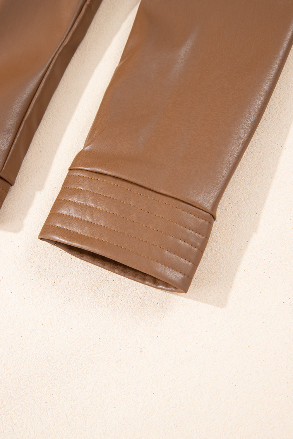 Faux Leather Collarless Zip Jacket Chestnut