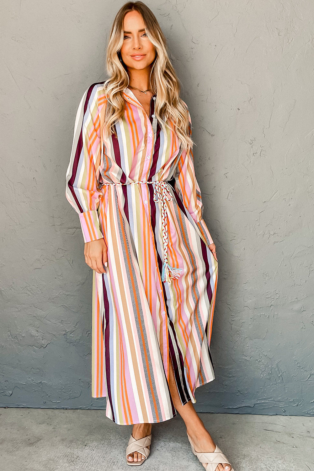 Striped Cuffed Sleeve Tassel Tied Maxi Shirt Dress