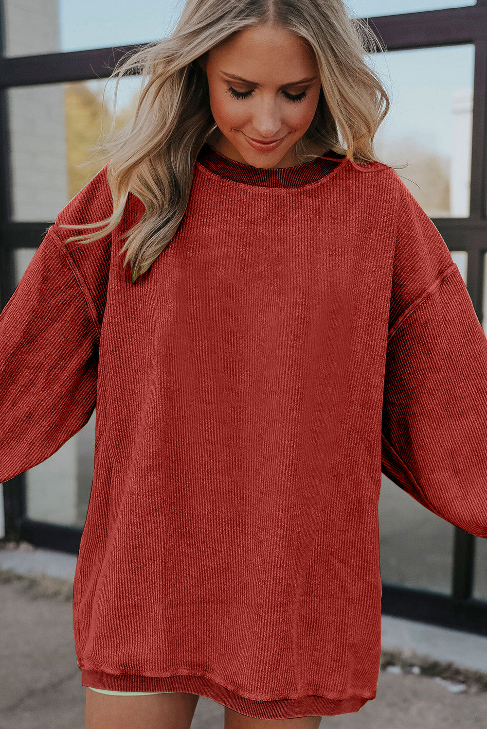 Drop Sleeve Crinkle Rib Oversized Sweatshirt