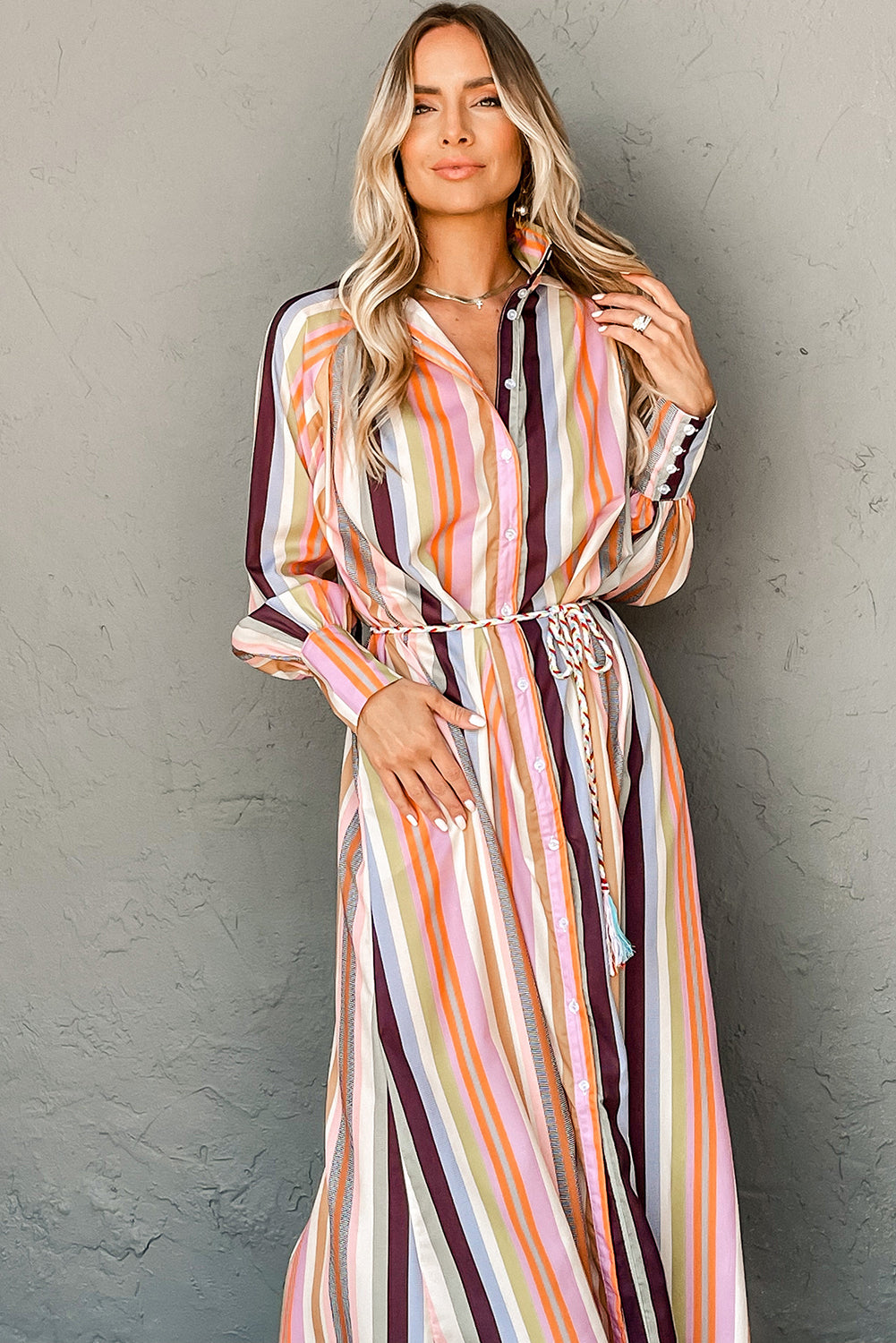 Striped Cuffed Sleeve Tassel Tied Maxi Shirt Dress