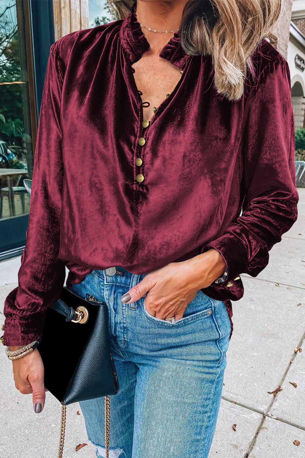 Frilly Neck Velvet Top