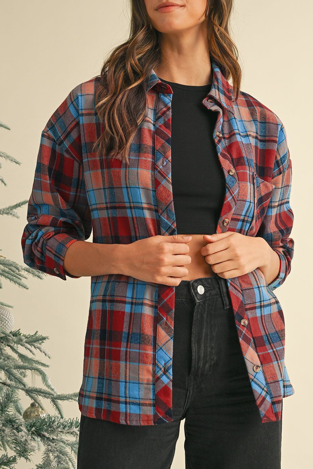 Orange Plaid Print Pocket Loose Shirt