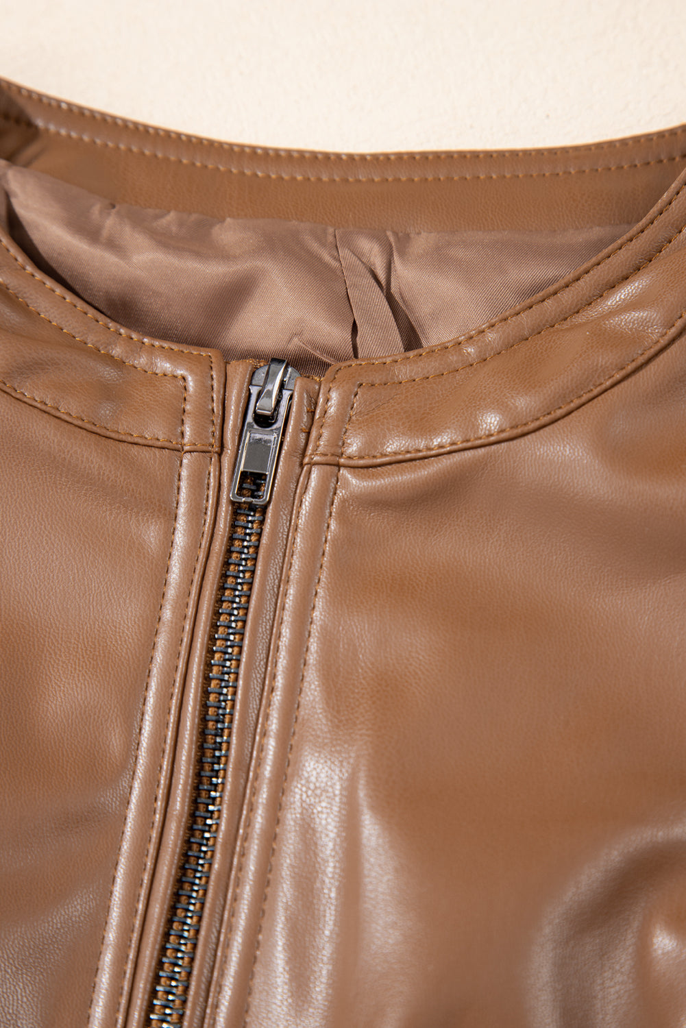 Faux Leather Collarless Zip Jacket Chestnut