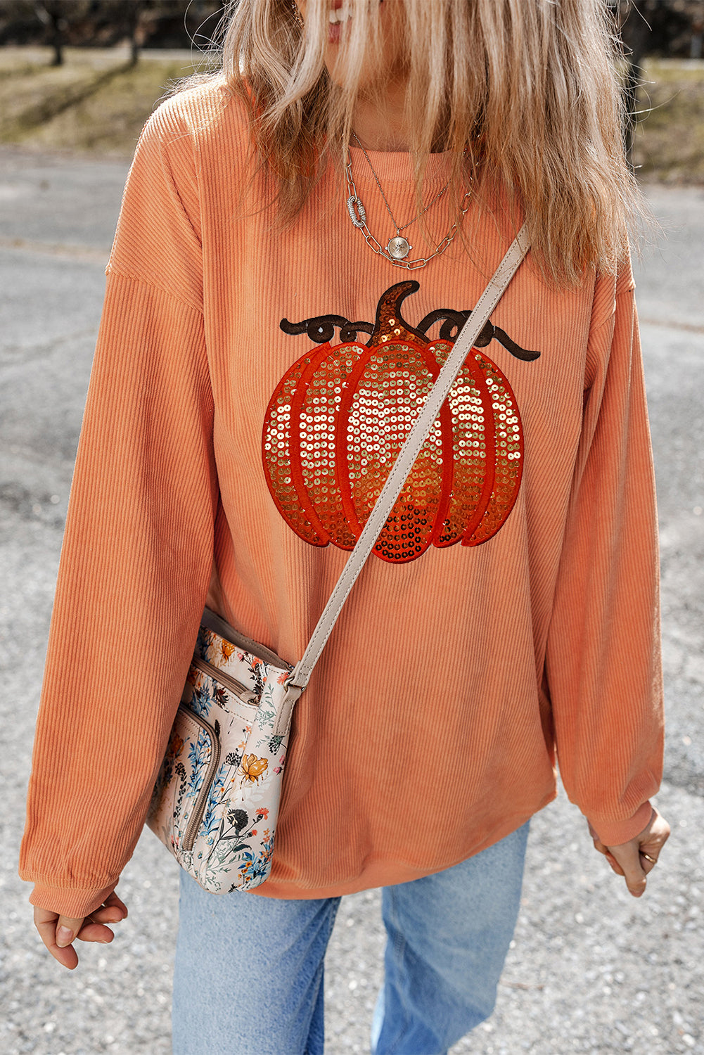 Crinkle Ribbed Halloween Sequin Pumpkin Graphic Sweatshirt