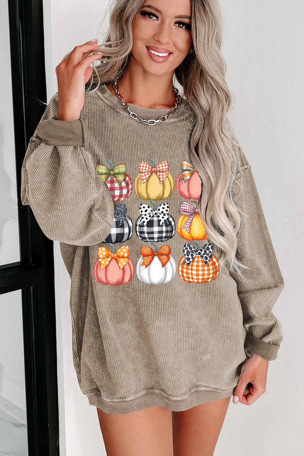 Textured Bows & Pumpkins Graphic Baggy Sweatshirt