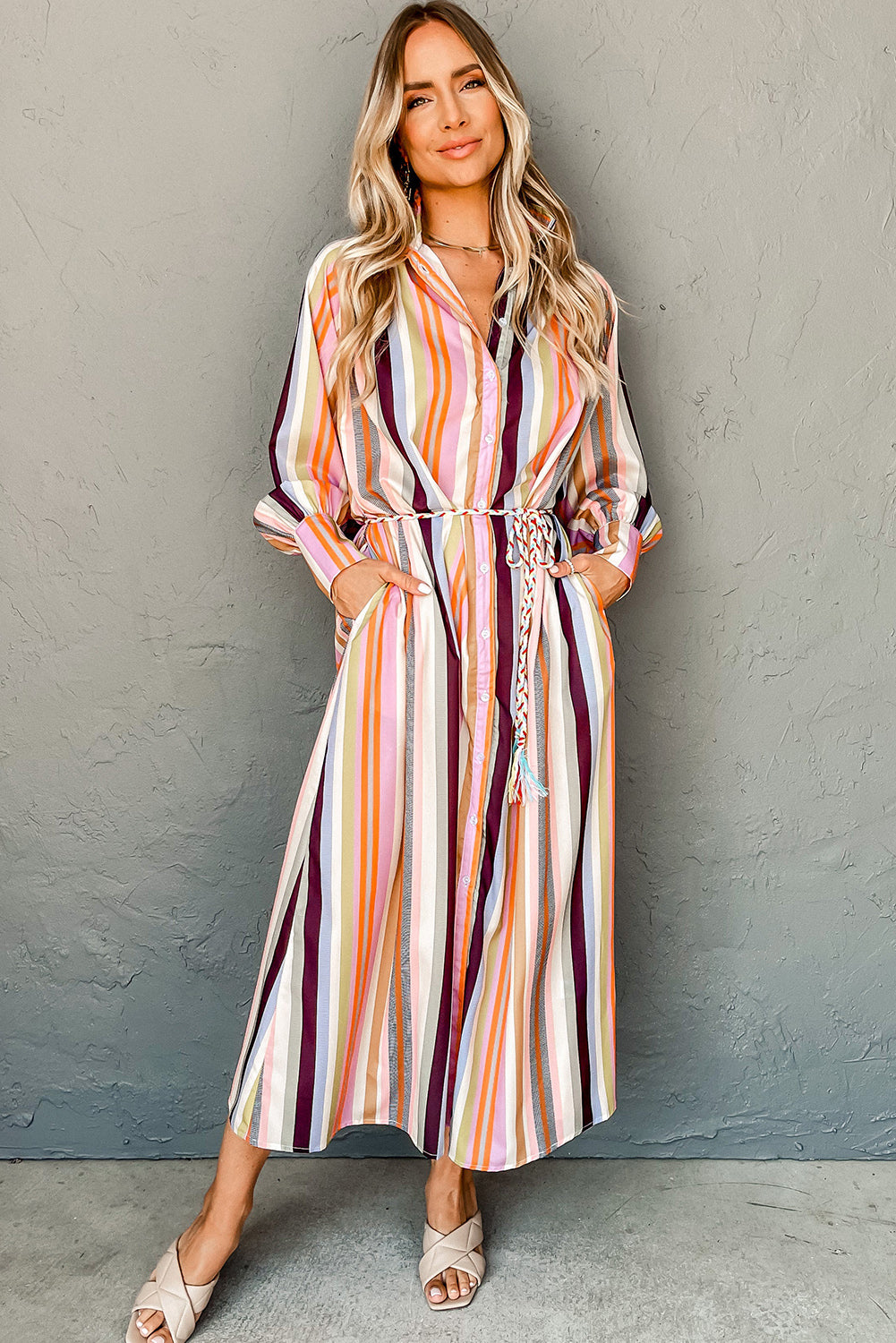 Striped Cuffed Sleeve Tassel Tied Maxi Shirt Dress