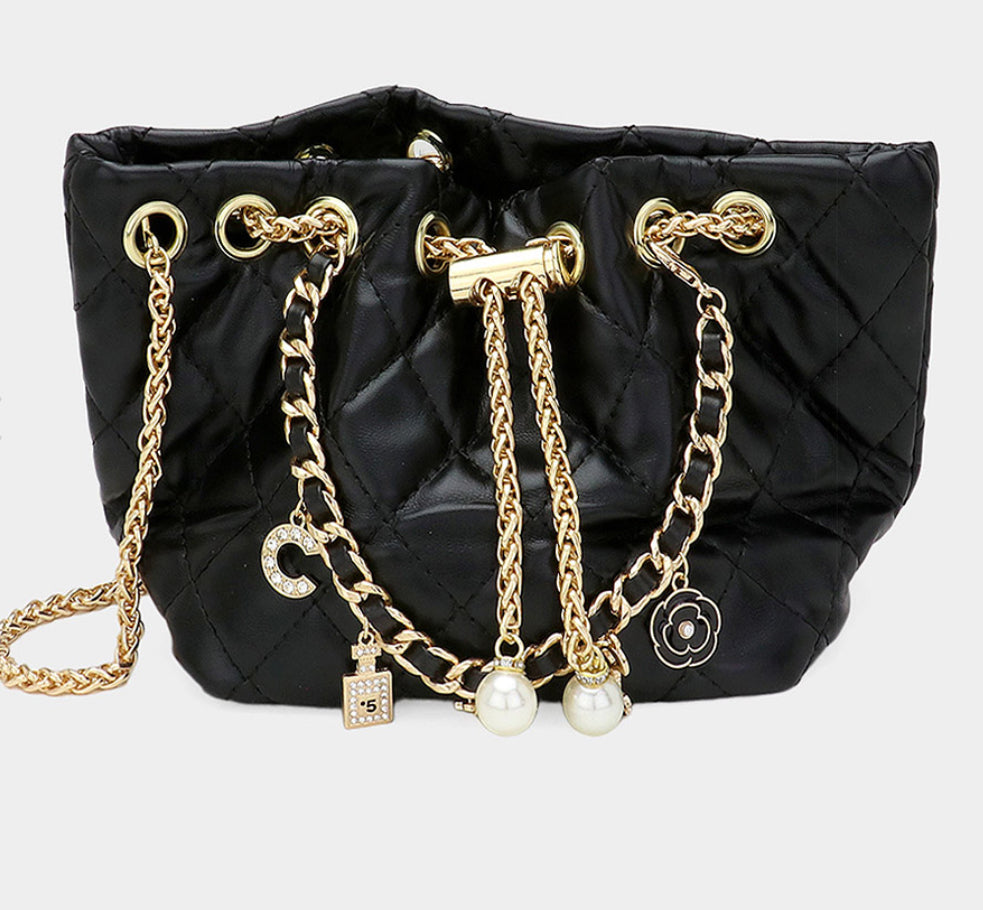 Quilted Paris Motifs Gold Charm Bag In Stock Now!