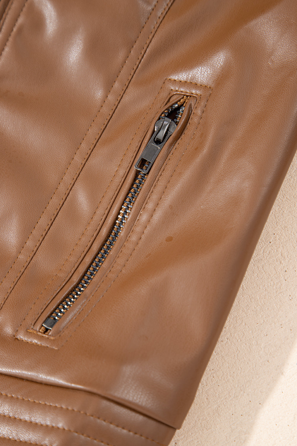 Faux Leather Collarless Zip Jacket Chestnut