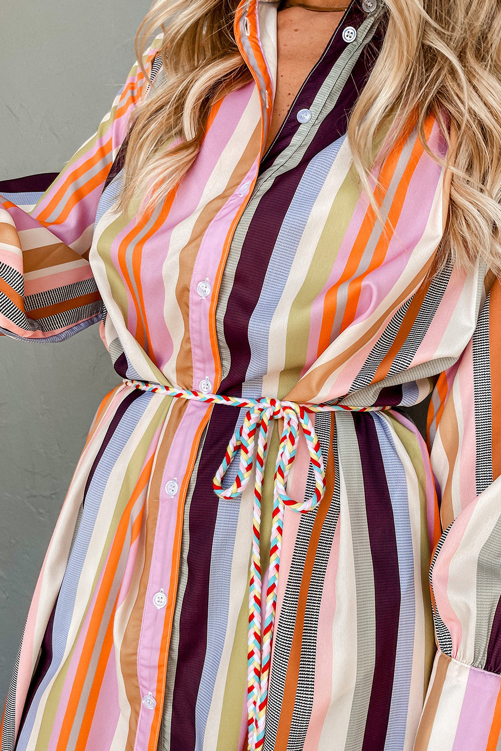 Striped Cuffed Sleeve Tassel Tied Maxi Shirt Dress