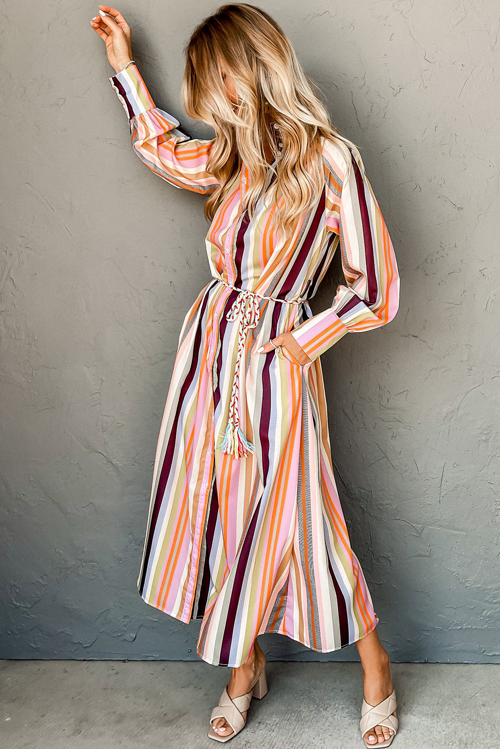 Striped Cuffed Sleeve Tassel Tied Maxi Shirt Dress