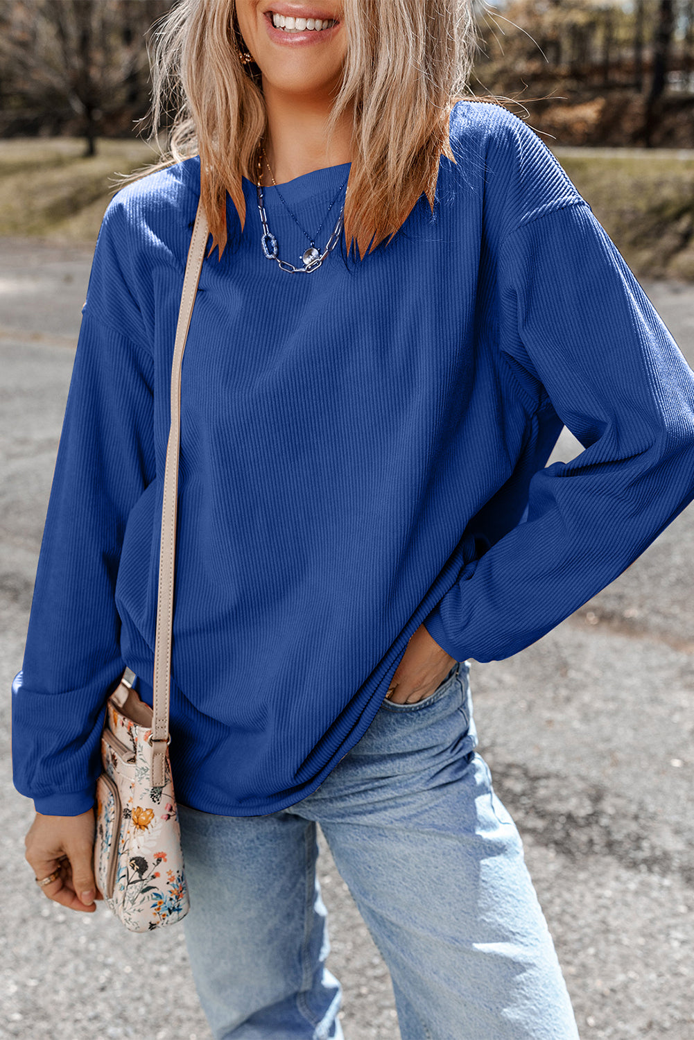 Drop Sleeve Crinkle Rib Oversized Sweatshirt