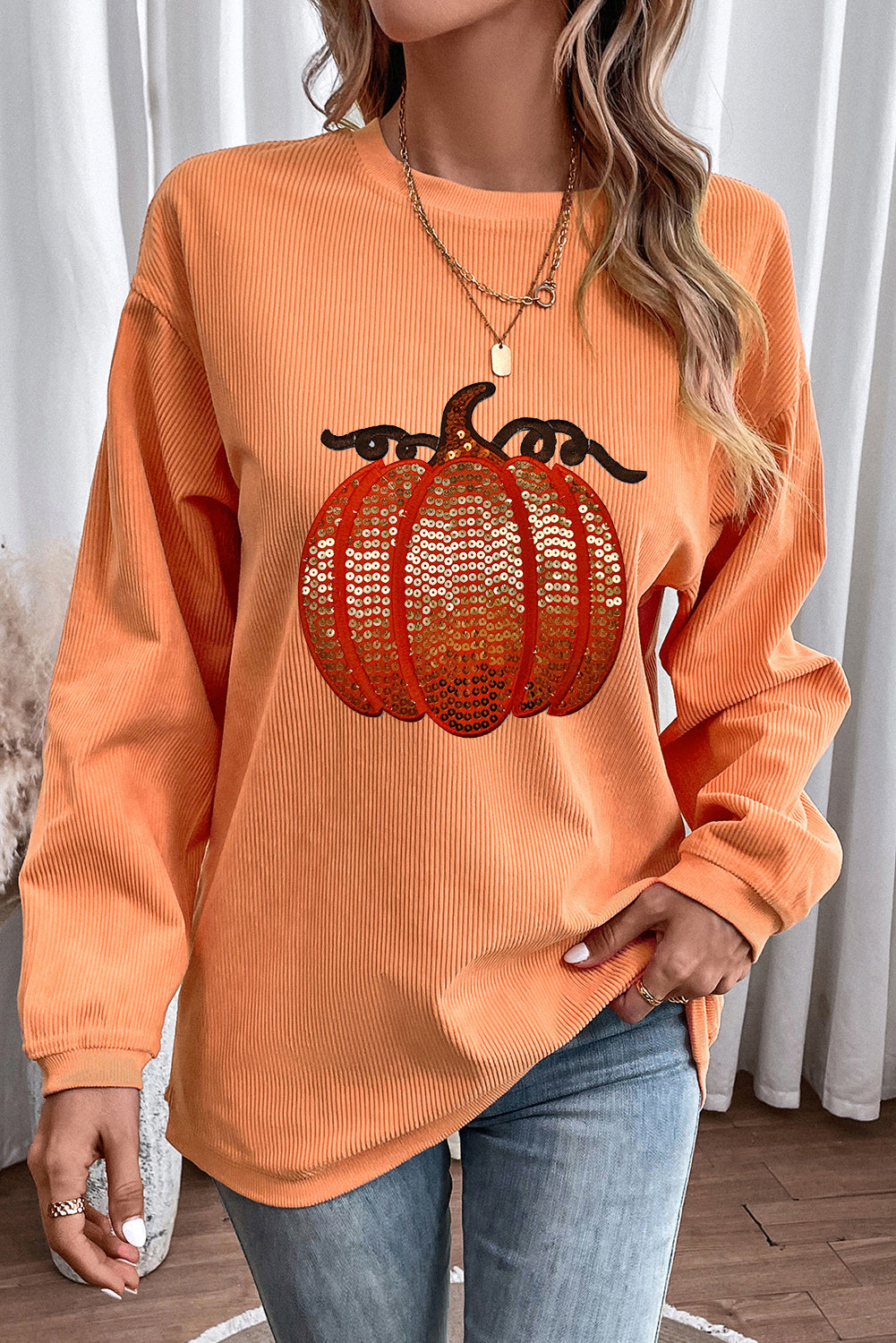 Crinkle Ribbed Halloween Sequin Pumpkin Graphic Sweatshirt