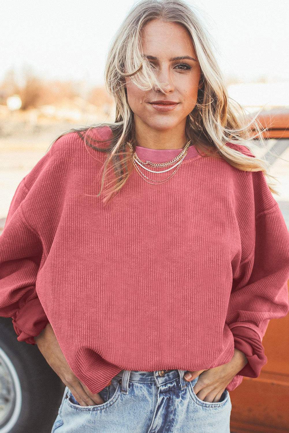Drop Sleeve Crinkle Rib Oversized Sweatshirt
