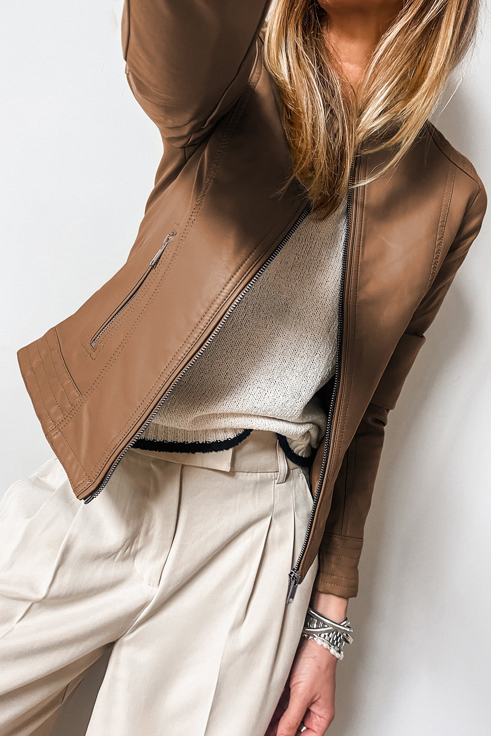 Faux Leather Collarless Zip Jacket Chestnut