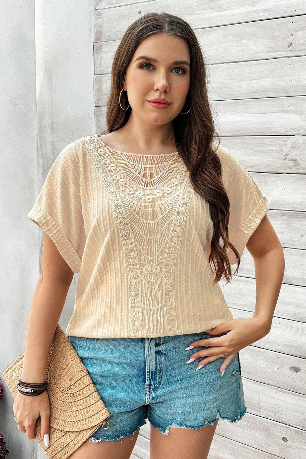 Lace Crochet Short Sleeve Top Plus Size