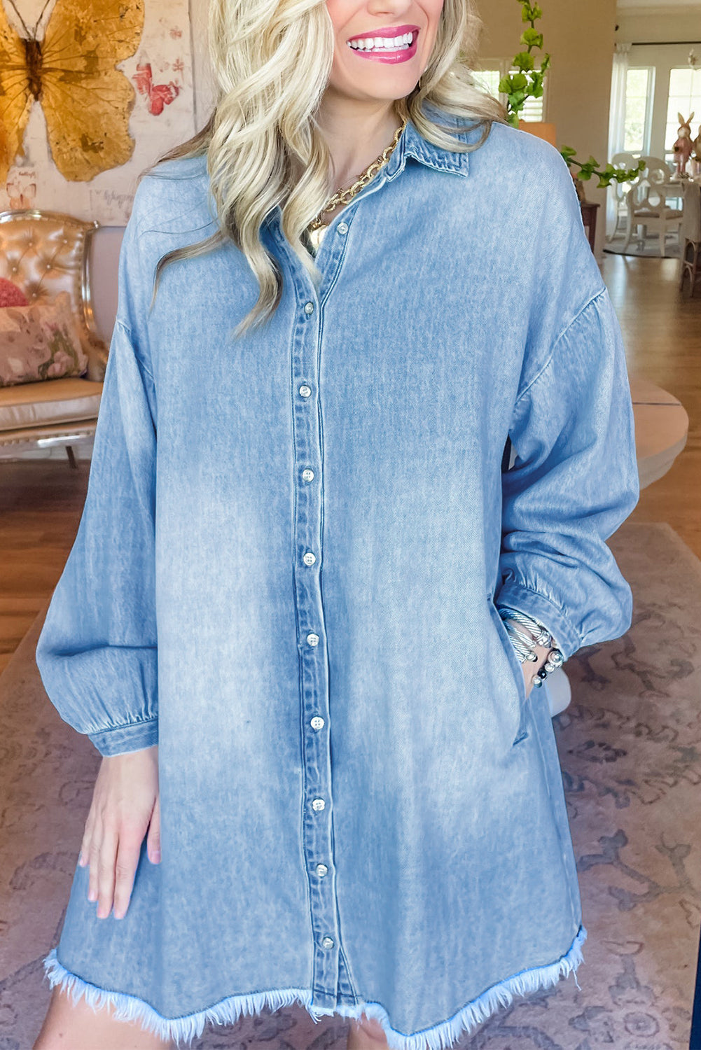 Washed Raw Hem Denim Shirt Dress
