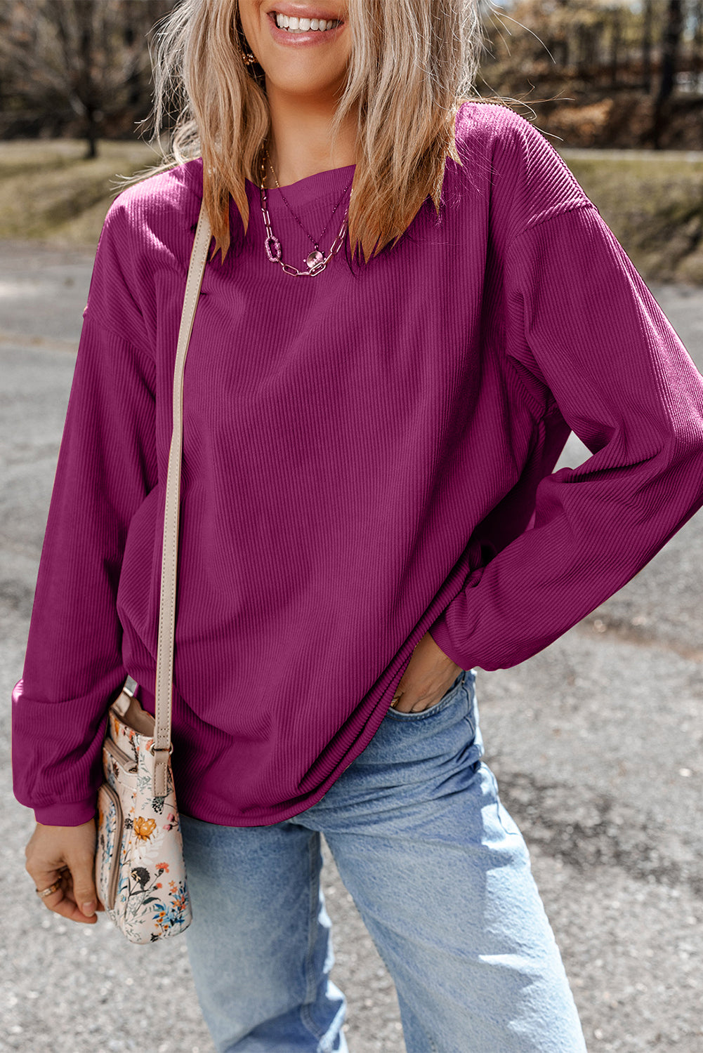 Drop Sleeve Crinkle Rib Oversized Sweatshirt