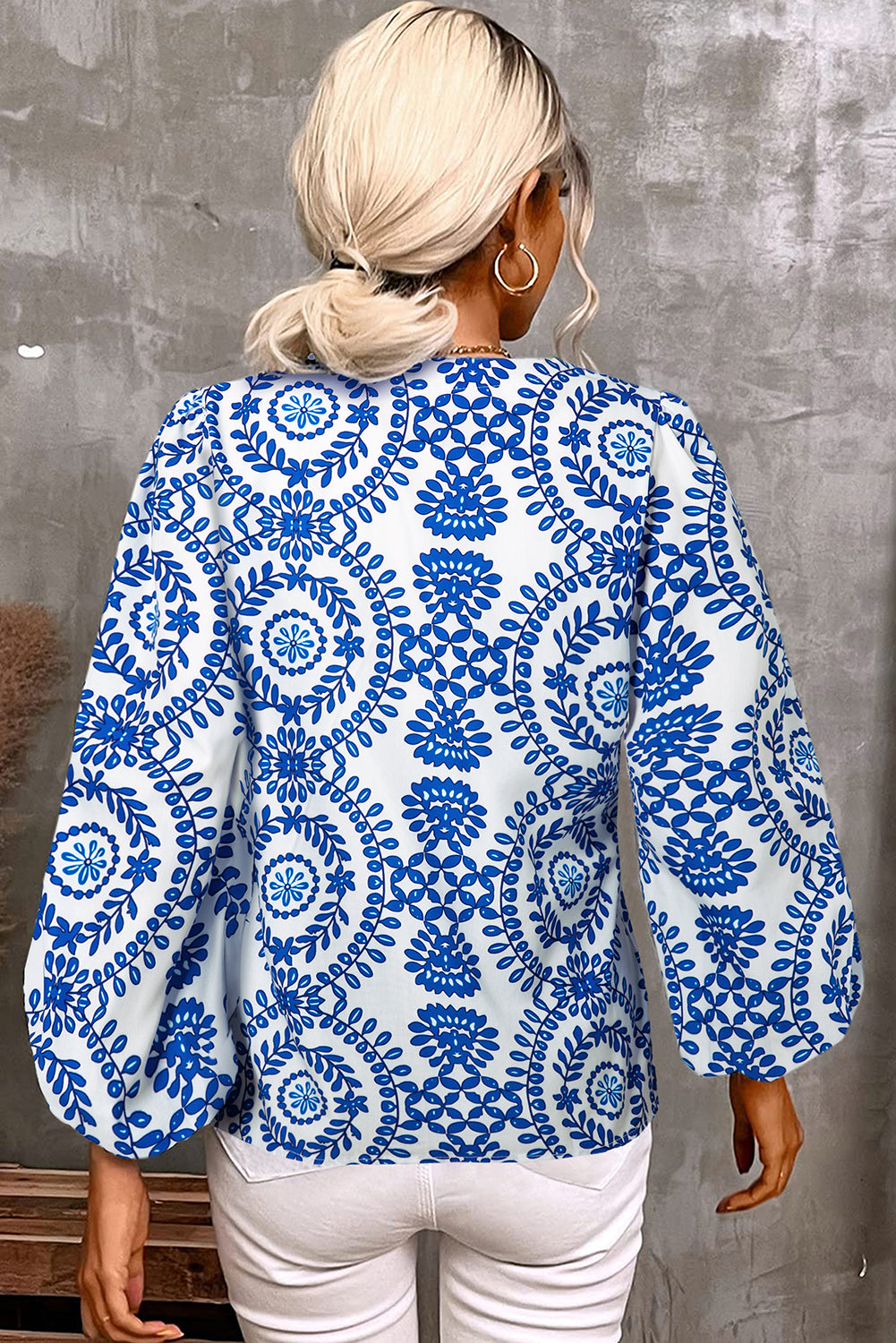 Vintage Geometric Puff Sleeve V Neck Shirt