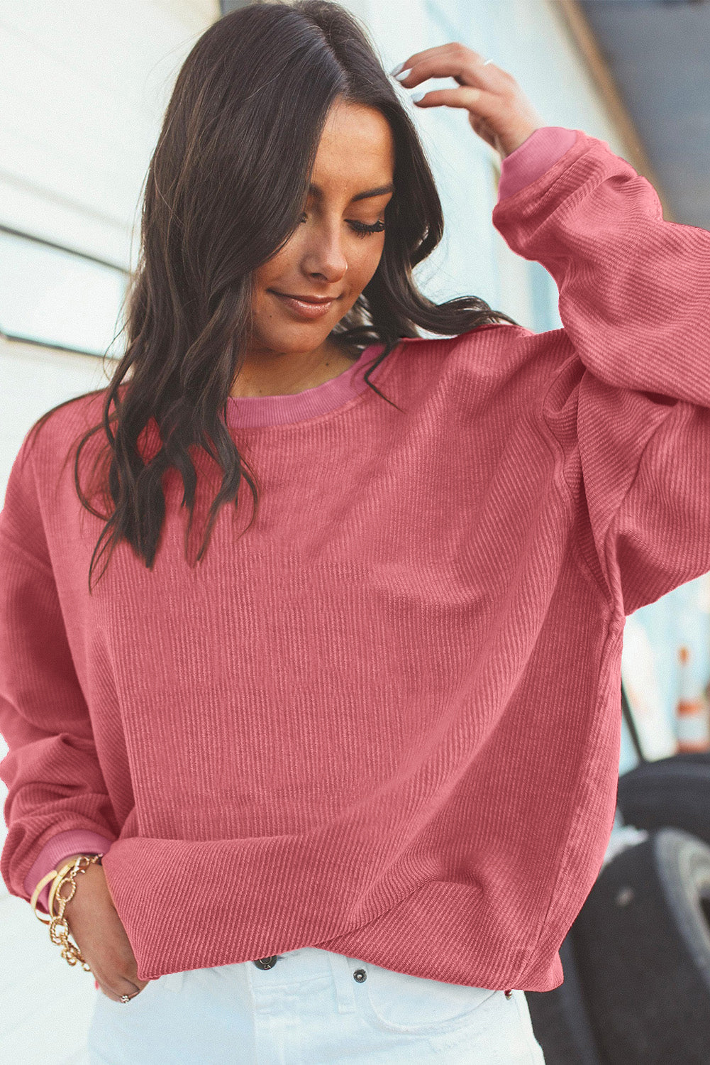 Drop Sleeve Crinkle Rib Oversized Sweatshirt