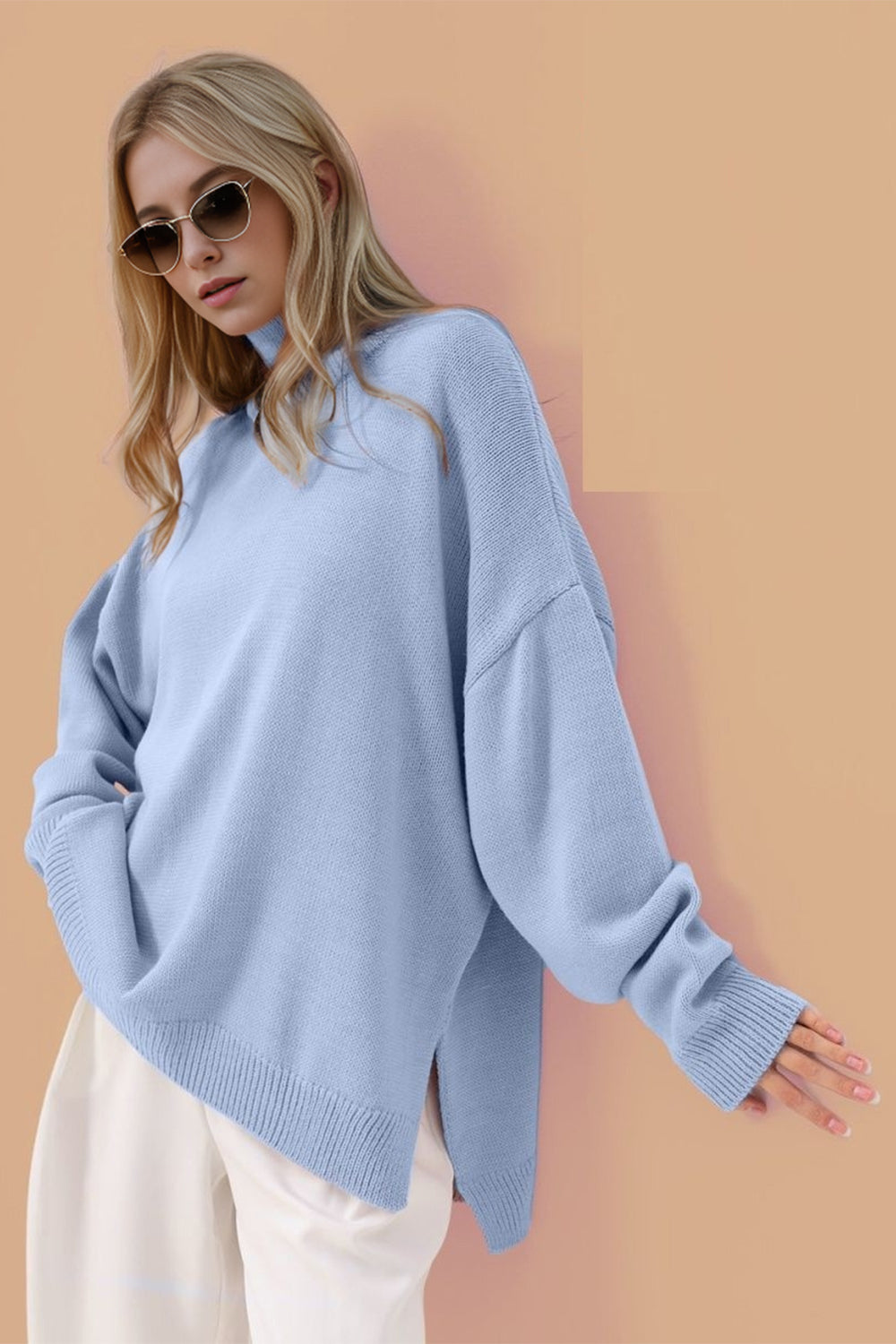 Side Slit Turtleneck Sweater