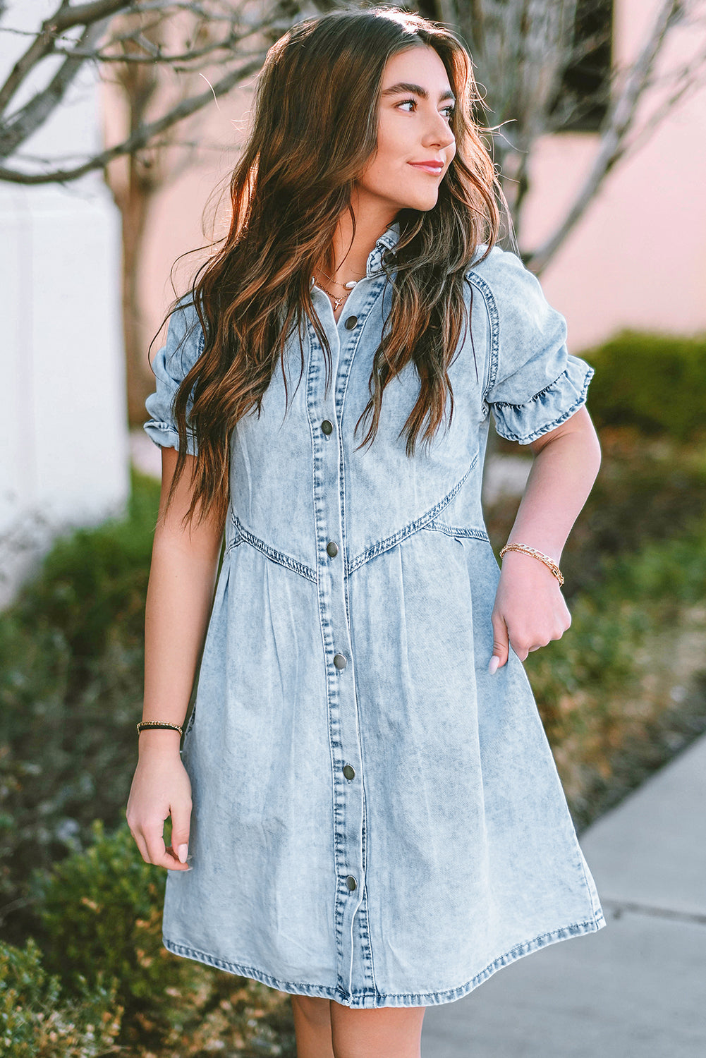 Denim. Ruffled Sleeve Denim Dress