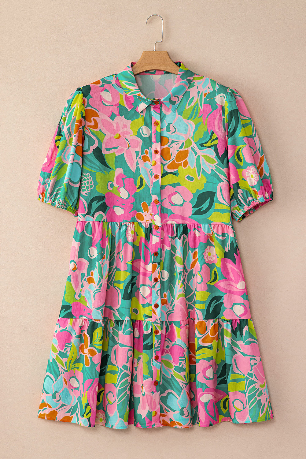 Green Floral Puff Sleeve Buttoned Babydoll Dress