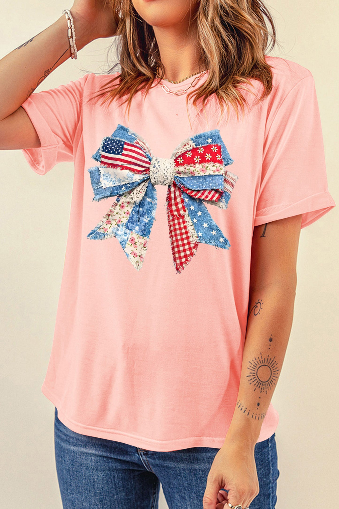 Pink Patriotic Bow Printed Womens Casual Tee