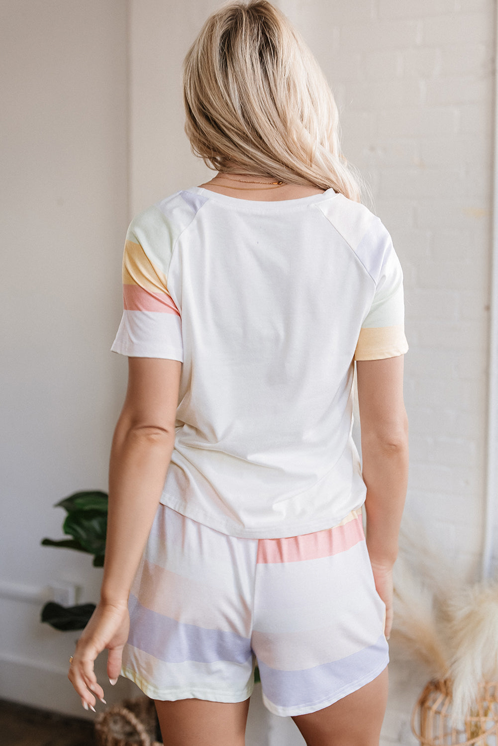 White Rainbow Striped T Shirt and Shorts Set