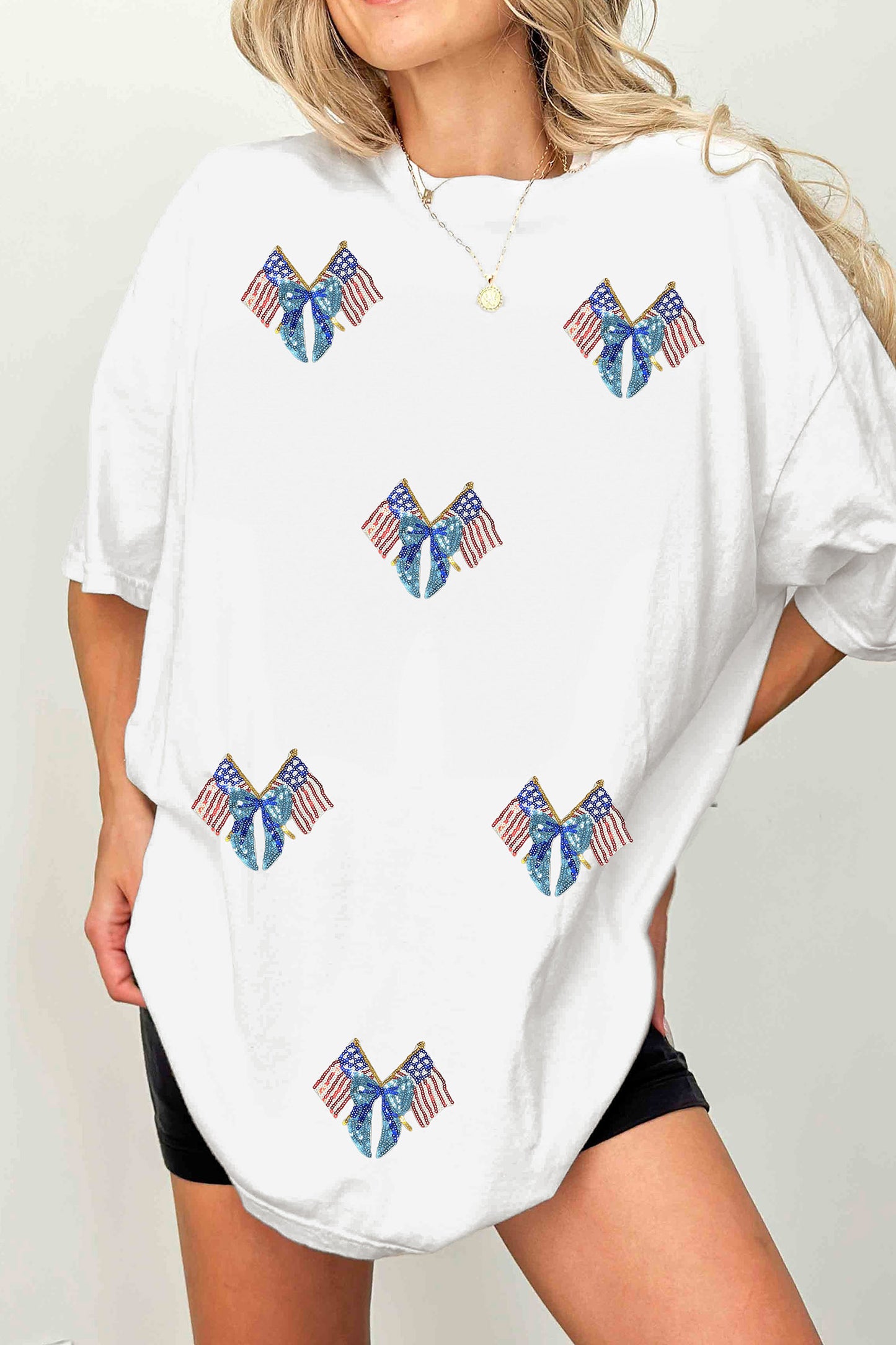 White Patriotic Sequin Bow Flag Cotton Tunic Tee
