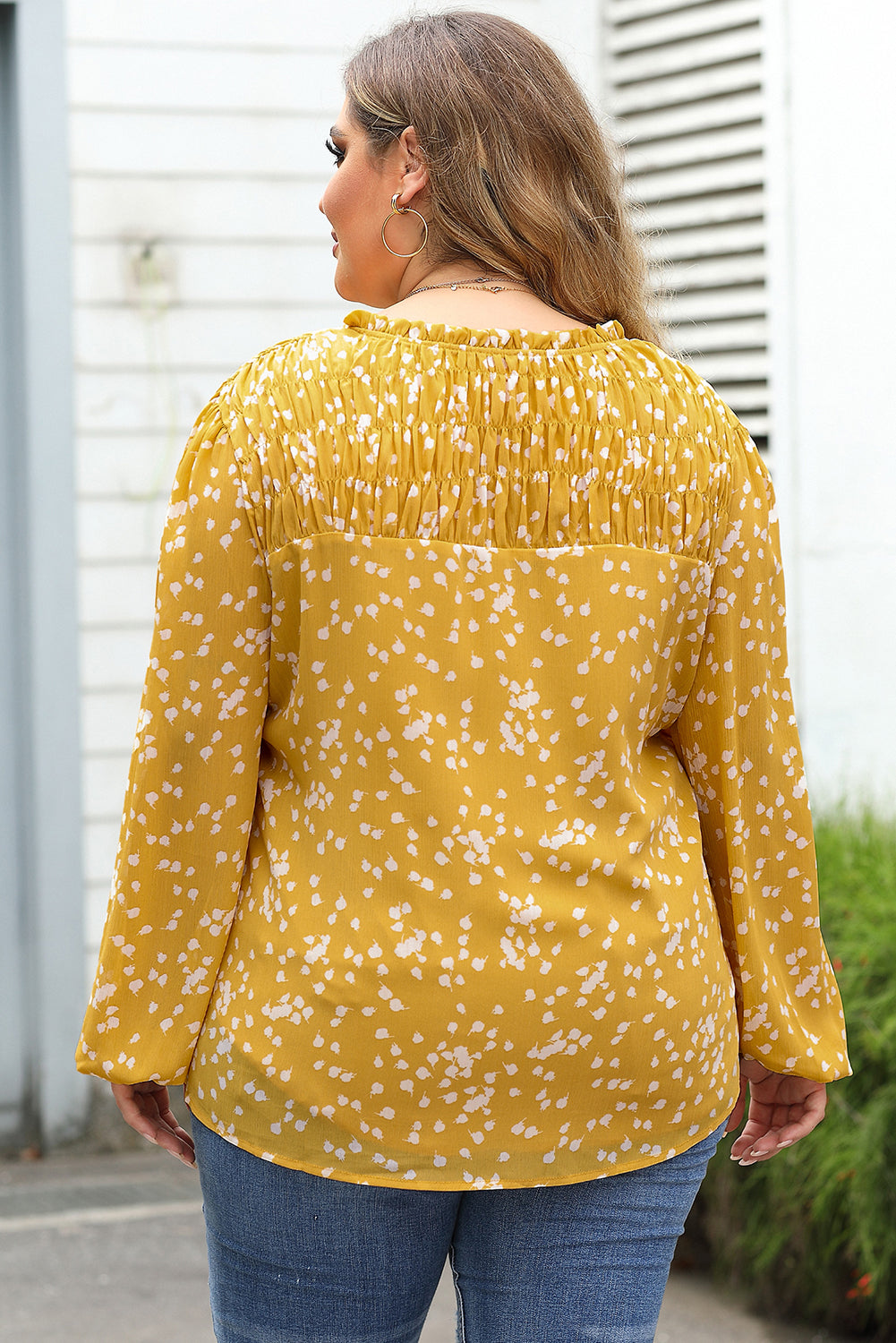 Yellow Print Split Neck Blouse Plus Size